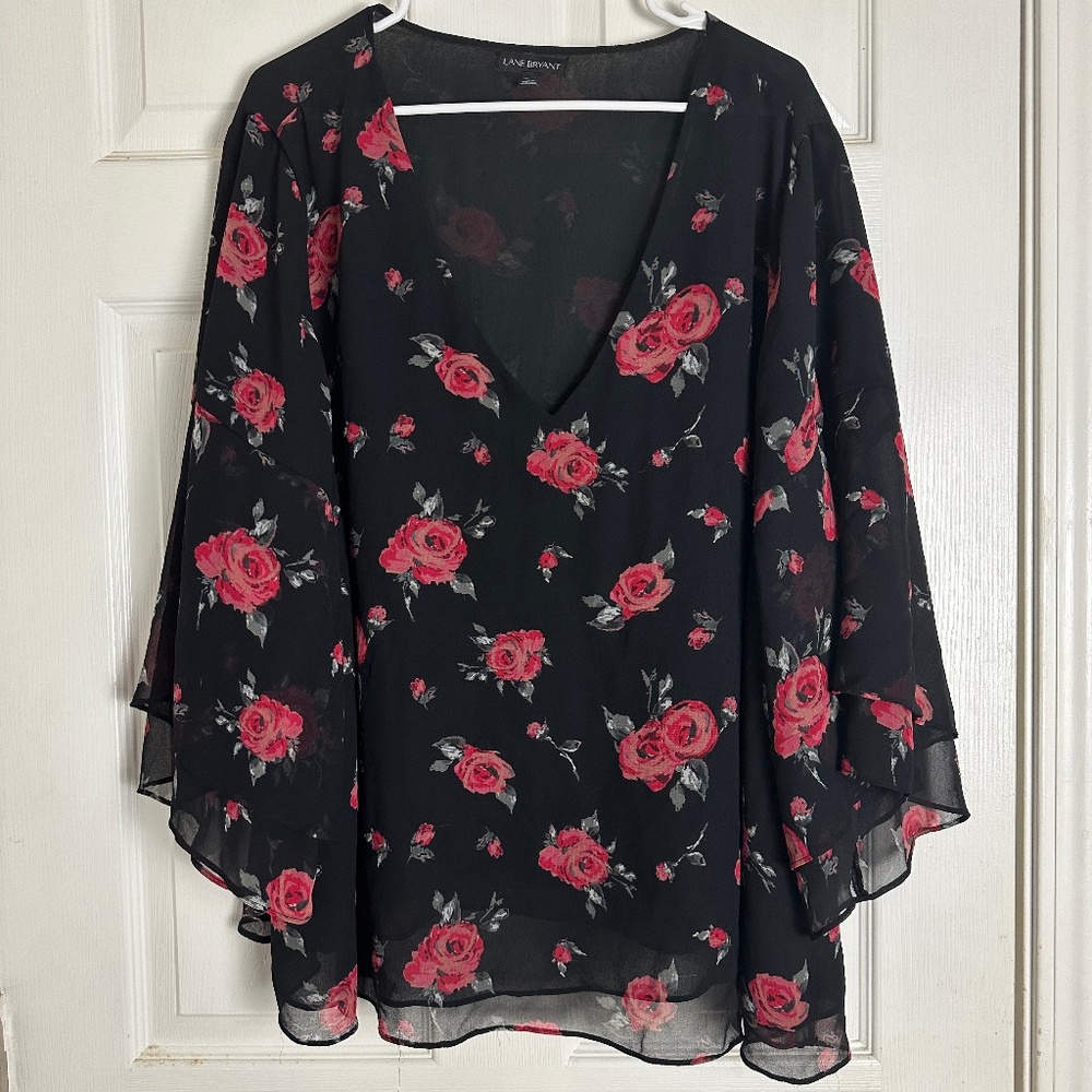 Lane Bryant Black Floral V-Neck Chiffon Blouse with Pink Roses